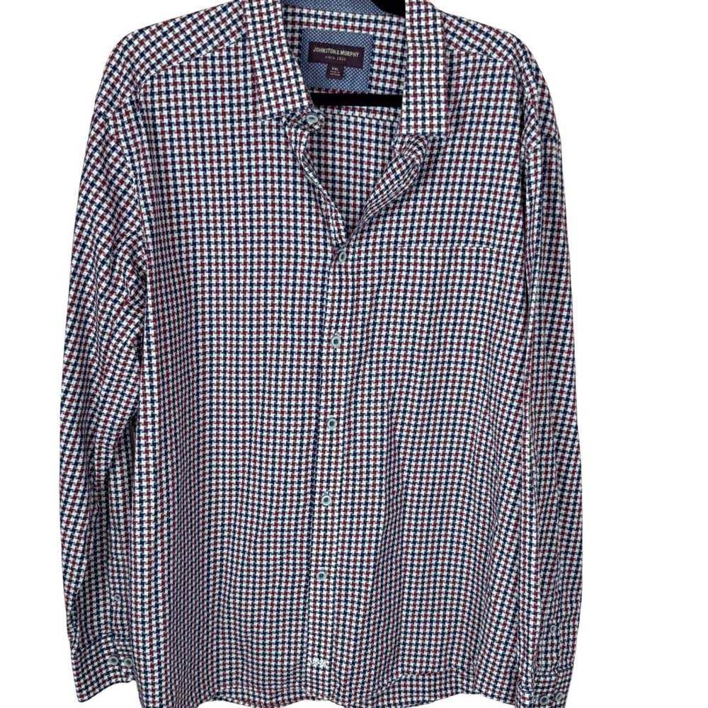 Johnston & Murphy Mens XXL Button Down Shirt Red White Blue Houndstooth Cotton‎